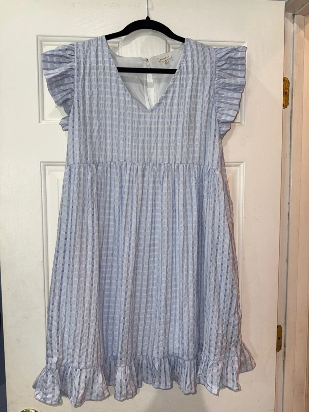 JODIFL Light Blue Gingham Ruffle-Sleeve Dress - Picture 1 of 4